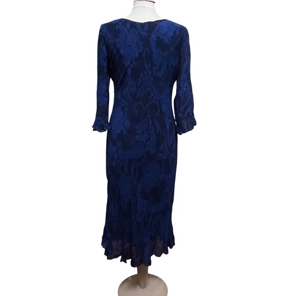 Vtg Paradise NY Blue Lace Look Maxi Dress Bias Cut Ruffle Sleeves Sequin Lined L - Picture 7 of 9